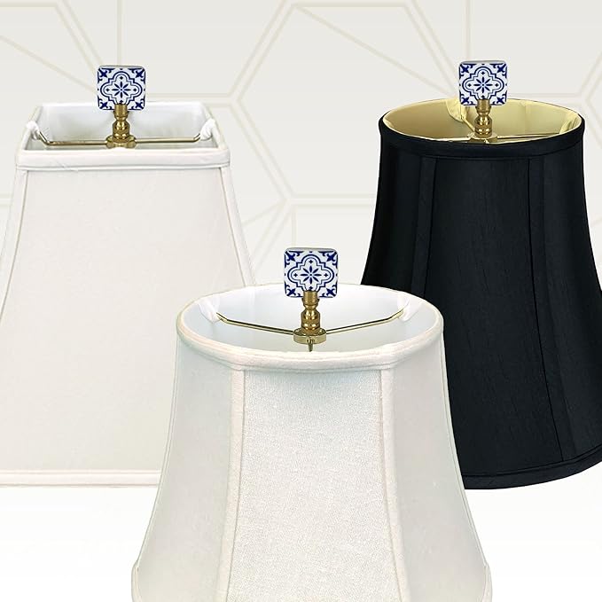 Royal Designs, Inc. Blue & White Porcelain Square Design Finial for Lamp Shade, Polished Brass