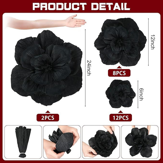 Giant Paper Flowers Artificial Large Paper Flower Decoration for Handcrafted Wall Backdrop Christmas Mexican Wedding Graduation Bridal Shower Birthday Party Supplies(Black,24 Pcs)