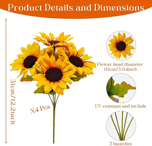Sunflowers Artificial Flowers, 4 Bundles Fake Fall Flower UV Resistant Silk Sunflower for Vase Autumn Wedding Table Home Porch Patio Garden Indoor Outdoor Decor