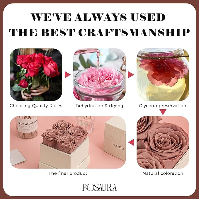 Rosaura 4-Piece Eternal Preserved Roses & Flowers Gift Box - Forever Lasting Real Roses, Preserved Flowers for Valentine's Day Cappuccino