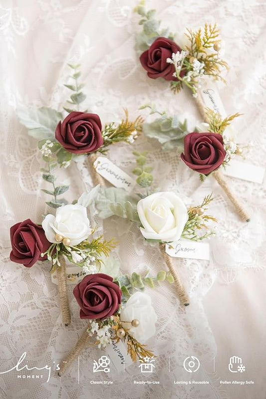 Ling's moment Boutonniere for Men, 6pcs Groom Groomsmen Boutonniere, Artificial Flowers for Wedding Decor/Prom/Homecoming, etc.Burgundy White