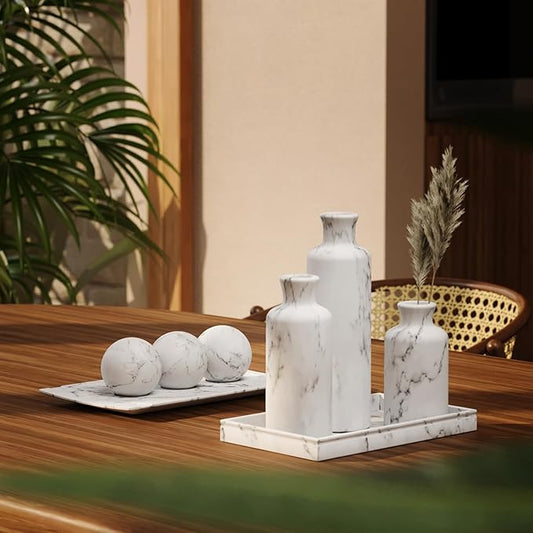 Creative Scents White Marble Look Vase Set with Matching Decor Tray, Perfect for Holding Pampas Grass, Dried/Fresh Flowers, Vases for Your Kitchen, Bedroom, Office, Living Room, Bathroom, Shelf Decor