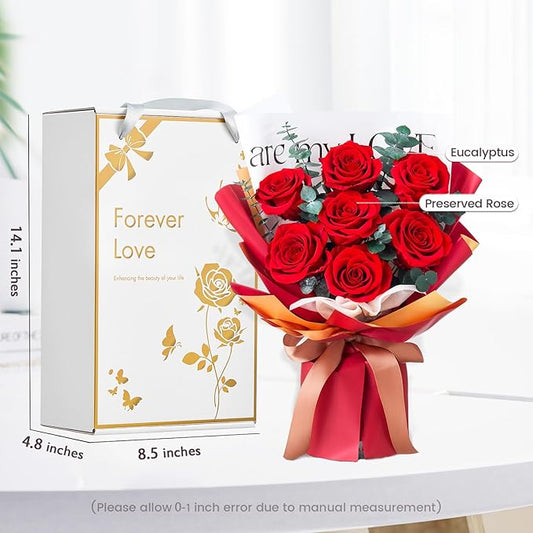 Mosstory Roses Bouquet 7-Piece Forever Flowers Bouquet Gift for Her Women Wife Mothers Anniversary Birthday Wedding (Red Roses)