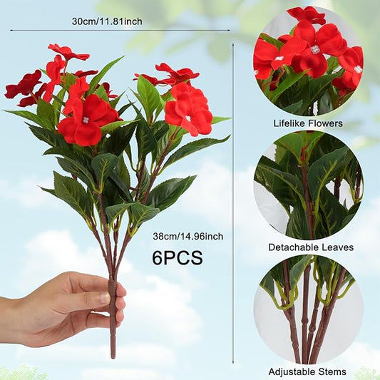 6 Pcs Artificial Red Christmas Flowers Christmas Decor, Velvet UV Resistant Faux Impatiens for Indoor Table Outdoor Planters Patio Lawn Garden Balcony Pot