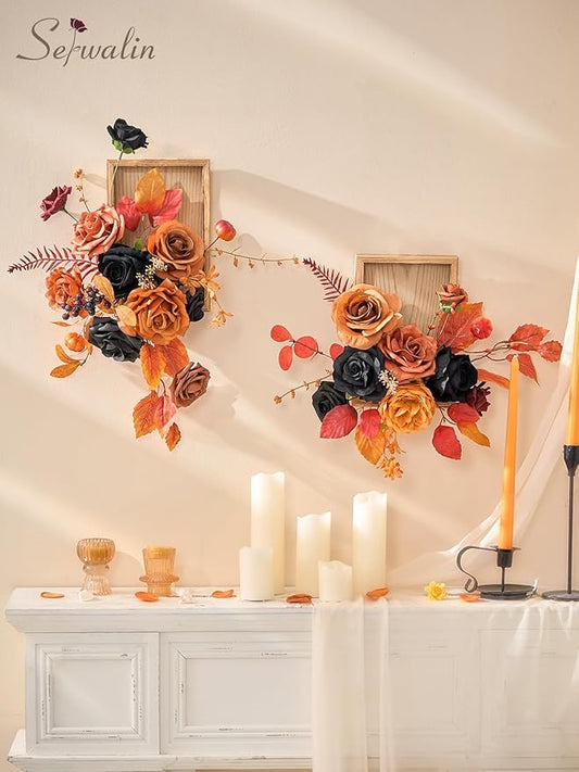 Serwalin Artificial Orange & Black Flowers, Silk Fake Flowers, Autumn Faux Flowers for Wedding Bouquet, Table Centerpieces, Home Decor