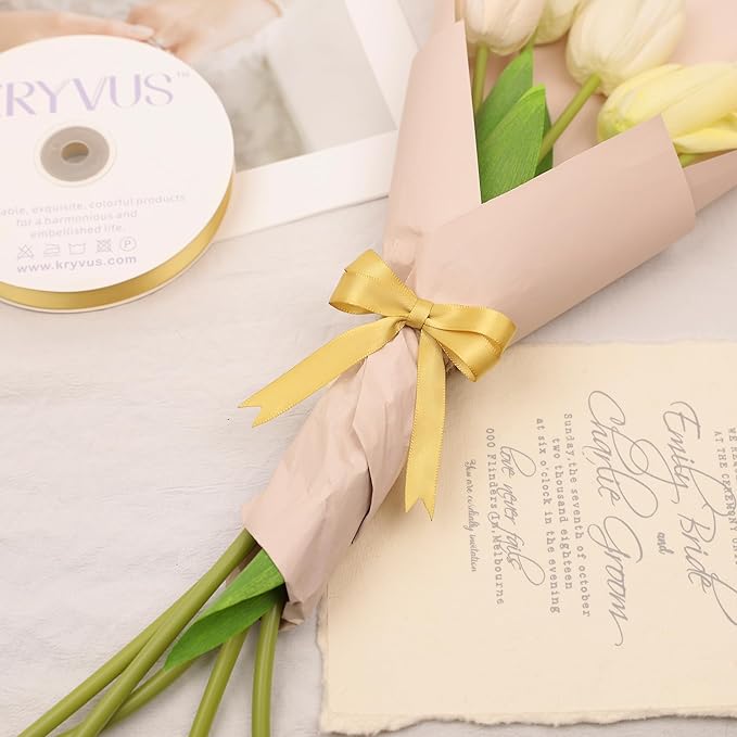Light Gold Satin Ribbon, Double Faced 1/2 Inch X 50 Yards Light Gold Ribbon, Premium Satin Ribbon for Gift Wrapping, Crafts, Hair Bow Making, Sewing, Flower Bouquet, Wedding Party Decor