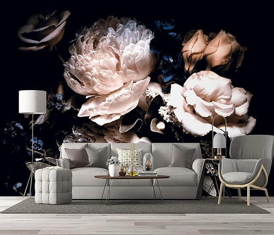 Black Peony Floral Wallpaper Bedroom Pink Botanical Flowers Leaf murals Living Room tv Background Large Wall Mural Aesthetic Room Decor - 183"x120" Not Peel and Stick
