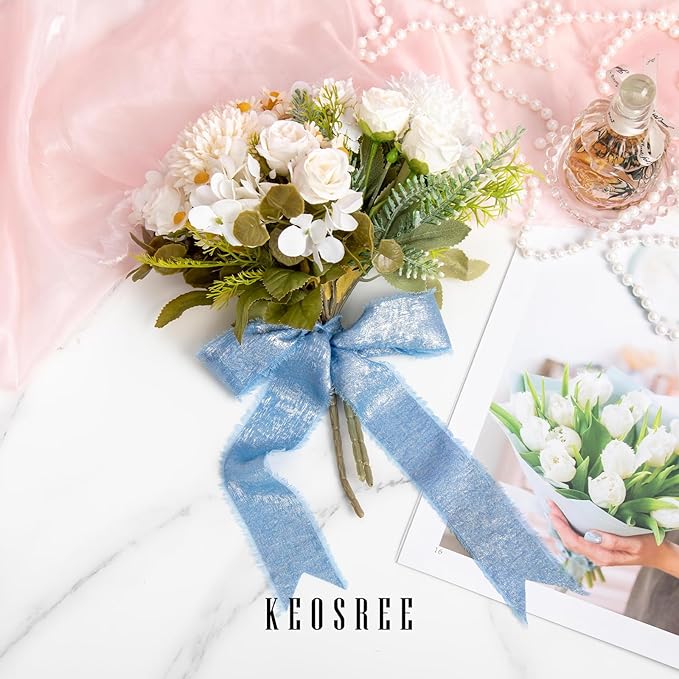 Deep Sky Blue Silk Chiffon Ribbon,Dusty Blue Frayed Shimmery Silk Ribbon for Bridal Flower Bouquet Gift Wrapping Wedding Decor Invitations Decorations 1.5" x 15 Yards (5Yards X 3 Rolls)