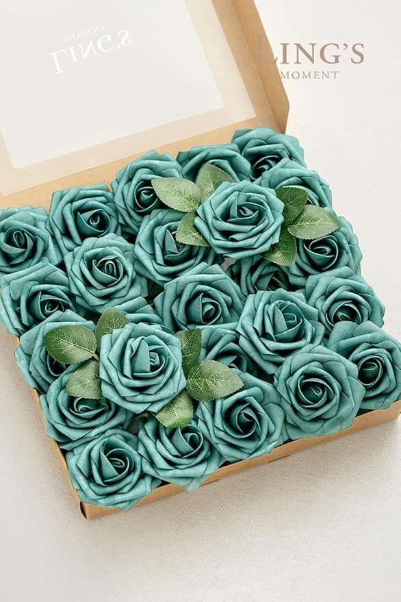 Ling's moment Artificial Flowers 25Pcs Turquoise Roses Decor w/Stems,3" Real Touch DIY Foam Floral for Wedding Bouquet/Centerpieces, Outdoors Party Backdrop, Room/Table, and Garden/Pot Decorations