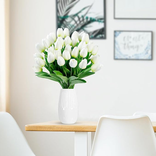 Sggvecsy 30 Pcs Fake Tulips Artificial Flowers Real Touch PU Faux Flowers Tulip Stems for Wedding Spring Bouquet Floral Arrangement Home Party Office Decorations for Mother's Day (Green White)