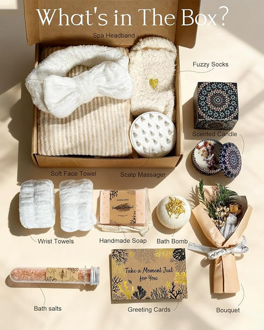 Coralogo Natural Spa Gift Baskets - Natural Pampering Spa Set, Self-Care Get Well Soon Basket,Thank You Gifts, Unique 11pcs Gift Set for Birthday Christmas Valentines Day Mothers Day