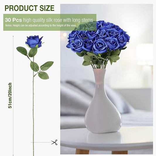 30 Pcs Rose Artificial Flowers in Bulk Real Touch Long Stem Silk Roses Bouquets Realistic Faux Flowers for Wedding Bridal Shower Home Decor Floral Arrangements Table Centerpiece(Royal Blue)