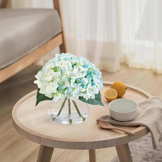 Hydrangea Artificial Flowers in Glass Vase, Blue Silk Fake Flowers Silk Centerpiece Table Decorations for Dining Room, Coffee Table Decor,Wedding, Home with Faux Water Decor(Light Blue)