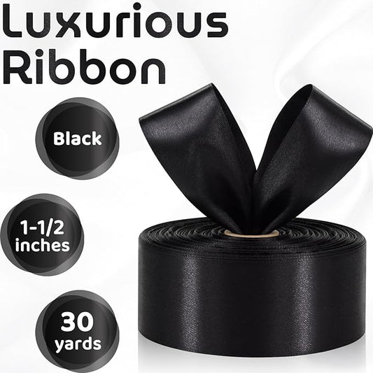 Black Ribbon 1-1/2 Inch 30 Yards Single Face Black Satin Ribbon for Gift Wrapping, Fabric Ribbon for Flower Bouquet Crafts Hair Bows Making Halloween Wedding Christmas