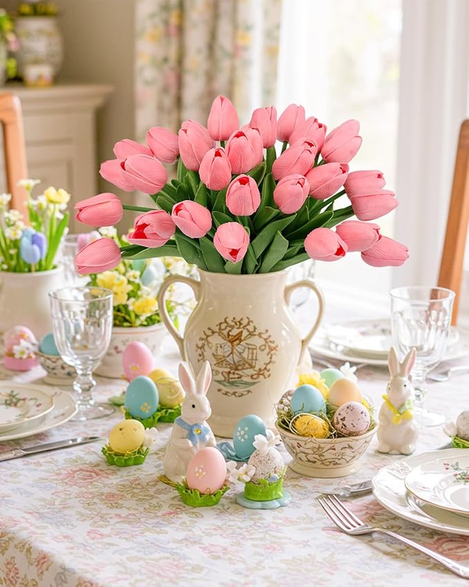MACTING 30 PCS Artificial Tulip Flowers 13.7" Real Touch Fake PU Tulips Bouquet Faux Pink Flowers for Floral Arrangements Table Centerpieces Kitchen Home Indoor Outdoor Summer Decorations