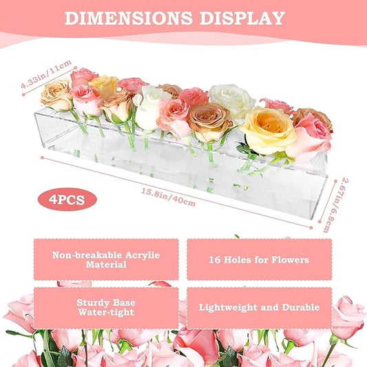 4Pcs Acrylic Flower Vase with 64 Holes,63 inch Decorative Long Clear Vase Modern,Rectangular Acrylic Vases Clear Floral Centerpiece for Dining Table Reception Home Party Decorations