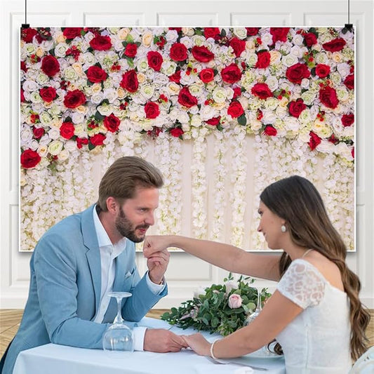 12x8ft Flower Wall Wedding Backdrop White Red Roses Romantic Spring Blooming Floral Photo Background for Valentine's Day Bridal Shower Mothers Day Birthday Newborn Decorations Photo Props