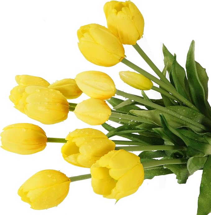 15Pcs Fake Tulips Artificial Flowers Real Touch Latex Bouquet Faux Tulips for Centerpiece Arrangements Wedding Party Home Décor (Yellow)