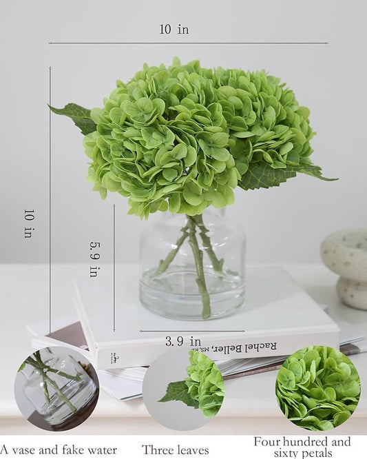 Lifelike Artificial Hydrangea Arrangement in Decorative Vase - Real Touch Fake Flowers for Home, Office, Bathroom or Water Bar Decor, Elegant Table Centerpiece (No Water Needed) (Green)