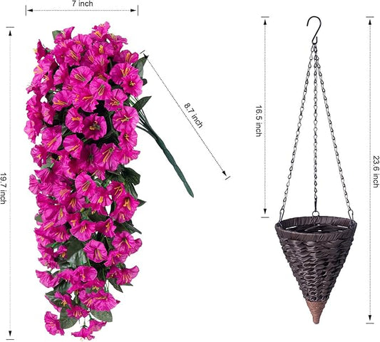 HyeFlora Artificial Fake Hanging Flowers Plants Baskets for Outdoor Outside Decoration, Faux Silk UV Resistant Realistic Fuchsia Morning Glory Planter for Home Porch Patio Balcony Garden Yard