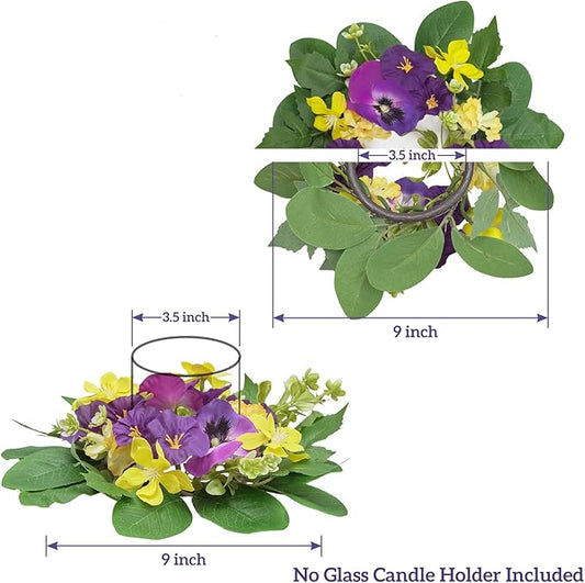 WELL KNOWN 2 Pcs Mini Spring Floral Candle Rings Wreaths for Pillars Home Table Window Decor, 9 Inches Artificial Flower Cabinet Wreath for Kitchen Farmhouse Wedding Party (Purple Morning Glory)