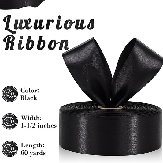 Black Ribbon 1-1/2 Inch, 60 Yards Black Satin Ribbon for Gift Wrapping, Fabric Ribbon for Flower Bouquet Crafts Wedding Christmas Halloween