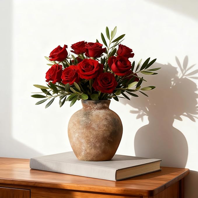 Ceramic Vase, 6 inch Minimalist Rustic Farmhouse Terracotta Vase for Home Decor, Table, Living Room, Entryway, Shelf, Mantel Decoration (Rust)