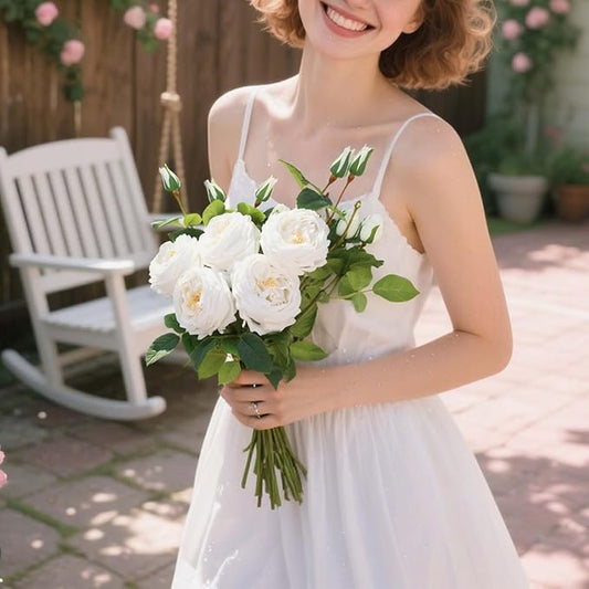 Real Touch White Austin Roses Peonies Artificial Flowers 4 Bouquets Latex Fake Peonies with Long Stem Realistic Faux Peony for Wedding Party Home Table Centerpieces Decorations (White)
