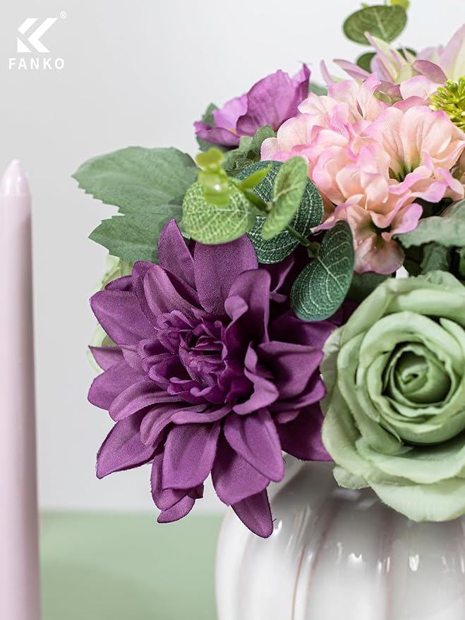 FANKO Artificial Flowers Green Rose, Mixed Combo Fake Silk Flowers White Rose Purple Dahlia Gradient Vintage Assorted Blooms for DIY Wedding Bridal Bouquets/Centerpieces/Home Decor