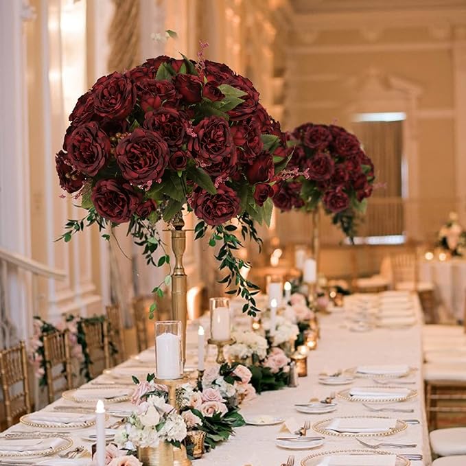 Artificial Peonies Silk Flowers, Burgundy Faux Peony Bouquet 4 Bundles Florals Arrangements for Farmhouse Home Boho Wedding Table Centerpiece, Fake Plastic Flowers Bulk for Vase Decoration (Burgundy)