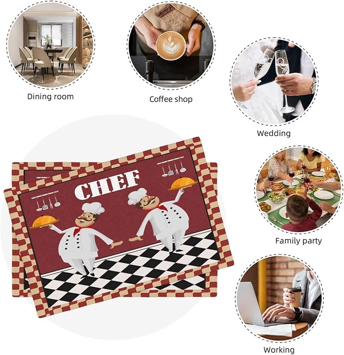Chef Kitchen Linen Placemats Set of 6 Funny Fat Chef Red Plaid Placemats for Indoor Outdoor Party Home Desktop Dining Room Decor 12x18 Inch