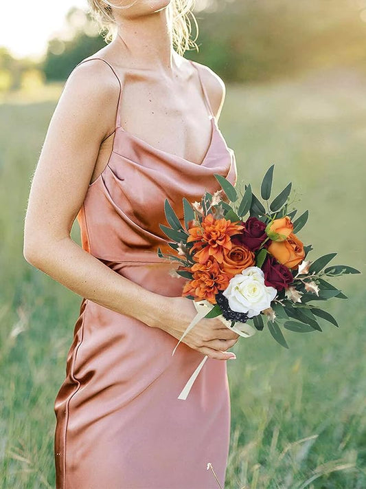 Rinlong Fall Wedding Bouquets for Bridesmaids Burnt Orange Bridesmaid Artificial Flowers Terracotta Bouquet Wedding Prom Homecoming
