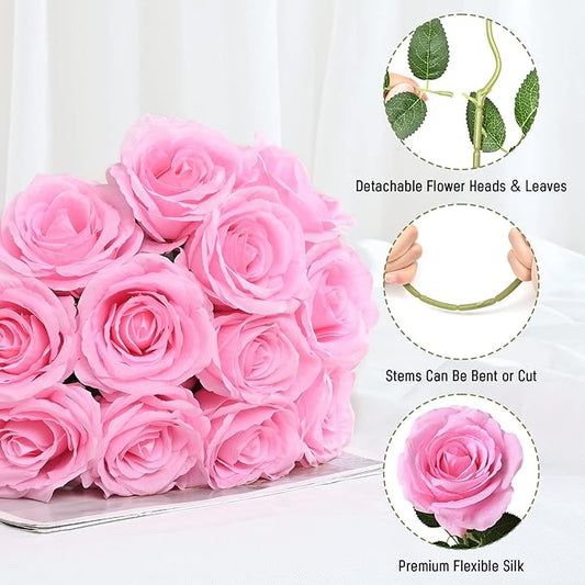 Waipfaru 12 Pcs Artificial Flowers Fake Silk Pink Roses Bulk, Faux Real Touch Roses Bouquet with Long Stem for Wedding Party Home Decor (Pink)