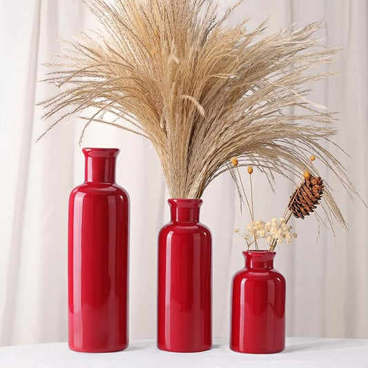 Small Ceramic Vase Set of 3, Boho Modern Flower Vase Room Decor, Farmhouse Decor, Vases for Your Kitchen, Bathroom, Bedroom, Living Room, Office&Shelf Centerpiece Table Decorations, Red