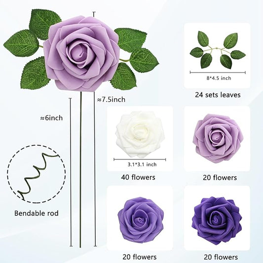 JOYLEX Artificial Flowers Realistic Roses, 100pcs Real Looking Fake Roses with Stem for DIY Wedding Bouquets Centerpieces Bridal Shower Party Home Romantic Decorations (Shades of Purple)
