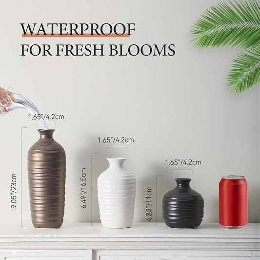 Ceramic Vase Set of 3 Neutral Decorative Vase for Farmhouse, Boho, or Rustic Home Decor Pottery Vases for Living Room Bathroom Table Mantel Fireplace Entryway Shelf (01-Metallic)