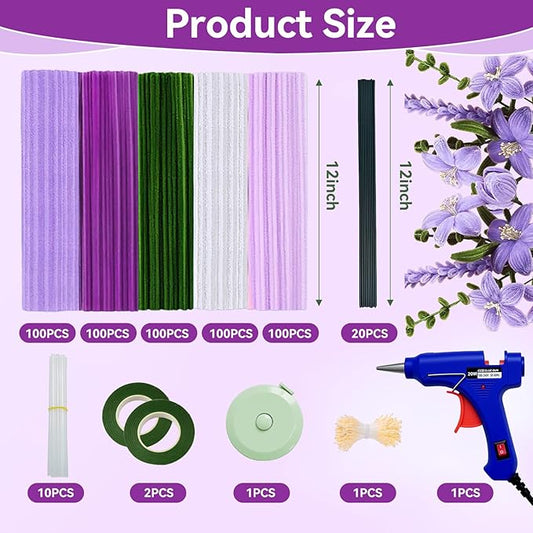 500 Pcs Pipe Cleaners for Crafts – 5 Colors Chenille Stems with Glue Guns & Tape Measure – Perfect for DIY Projects, Holiday & Room Decorations, Arts and Crafts Activities (Purple, 12in x 8mm)