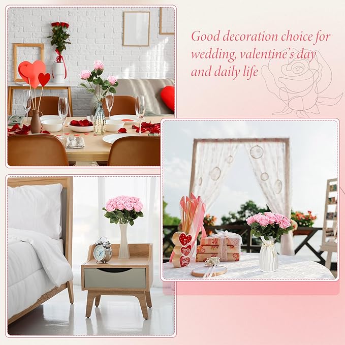 Hotop 20 Pcs Artificial Rose Flowers with Long Stem,Real Touch Silk Realistic Plastic Bouquet Roses Bulk for Home Decor Bridal Wedding Party Table Centerpieces Decorations(Pink)