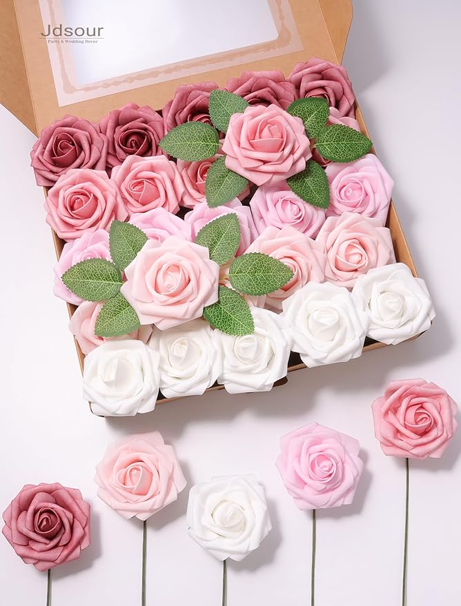 25pcs Artificial Flower,Real Looking Foam Roses w/Stem for DIY Wedding Bouquets Centerpieces Bridal Shower Party Decor-Shades of Dusty Pink