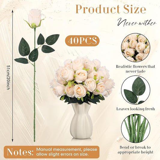 Hotop 40 Pcs Rose Artificial Flowers Bulk with Long Stem,Realistic Silk Fake Roses Bouquet for Home Wedding Centerpieces Party Table Decoration Valentines Gifts(Cream)