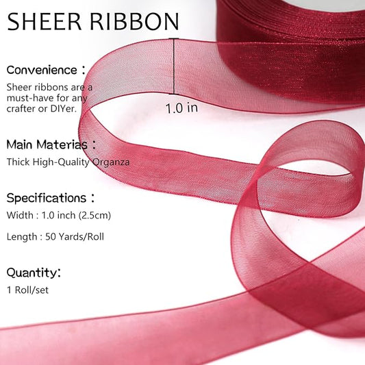 Burgundy Ribbon for Gift Wrapping, 1 inch 50Yard Sheer Organza Tulle Ribbon, Wine Red Gifts Wrap Chiffon Ribbons for Christmas, Mothers Day, Crafts, Flower Bouquet, Wedding, Valentines Day