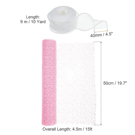PATIKIL Flower Wrapping Mesh Paper, 15ft Floral Bouquet Craft Packaging Hollow Net Yarn with Ribbon for Flowers Gift Packaging, Light Pink