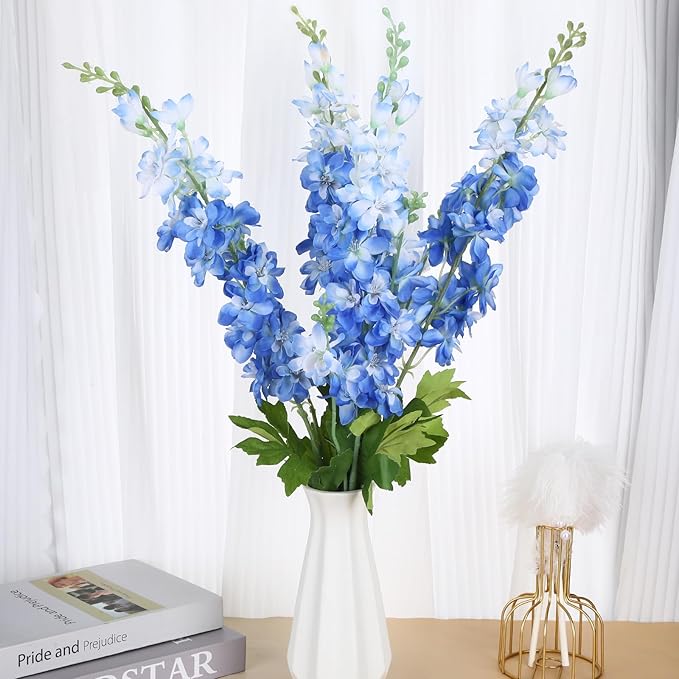 4 Pcs Blue Delphinium Artificial Flowers 33.1'' Faux Flowers Lifelike Fake Larkspur Long Stem Silk Plant for Wedding Party Tall Vase Outdoor Bouquet Decor