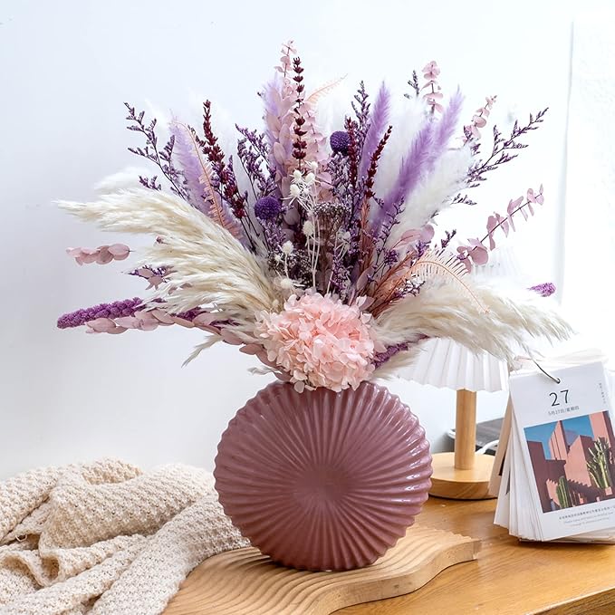 MUYEJI Natural Dried Flowers Pampas Grass Bouquet, Boho Home Table Decor, White & Purple Pampas Grass, Fluffy Dried Flower Arrangement for Table Centerpiece, Home Office Wedding Decorations
