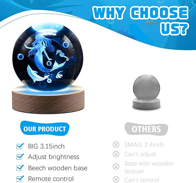 3.15in 3D Mermaid Nightlight, Mermaid Lamps for Girls Bedroom, Night Light, 16 Colors & Remote Controls Crystal Ball Lamp, Birthday Christmas Mermaids Gifts for Girls Kids