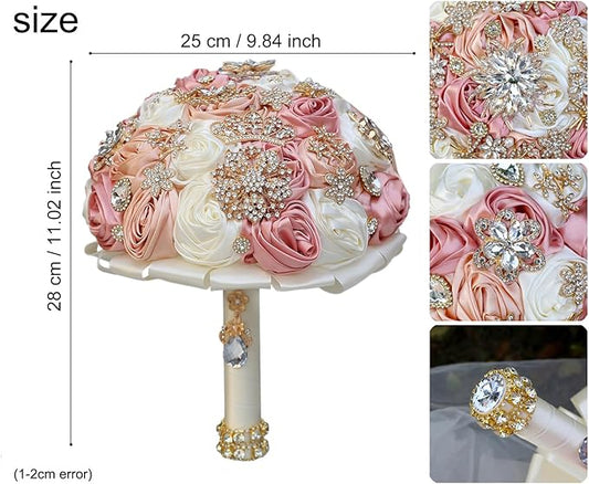 Handmade Satin Rose Floral Bling Pearl Decor Bridal Wedding Bouquet Rhinestone Pendant Artificial Brooch Flowers for Bride Bridesmaid Quinceanera