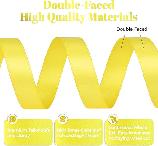 Lemon Yellow Satin Ribbon, Double Faced 1/2 Inch X 25 Yards Lemon Yellow Ribbon, Premium Satin Ribbon for Gift Wrapping, Crafts, Hair Bow Making, Sewing, Flower Bouquet, Wedding Party Decor