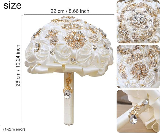 Handmade Satin Rose Floral Bling Pearl Decor Bridal Wedding Bouquet Rhinestone Pendant Artificial Brooch Flowers for Bride Bridesmaid Quinceanera