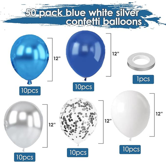 Blue White Silver Confetti Balloons, 50pcs 12 Inch Metallic Blue and Silver Balloons Clear White Confetti Latex Balloons for Birthday Wedding Anniversary Gender Revea Bridal Shower Party Decorations