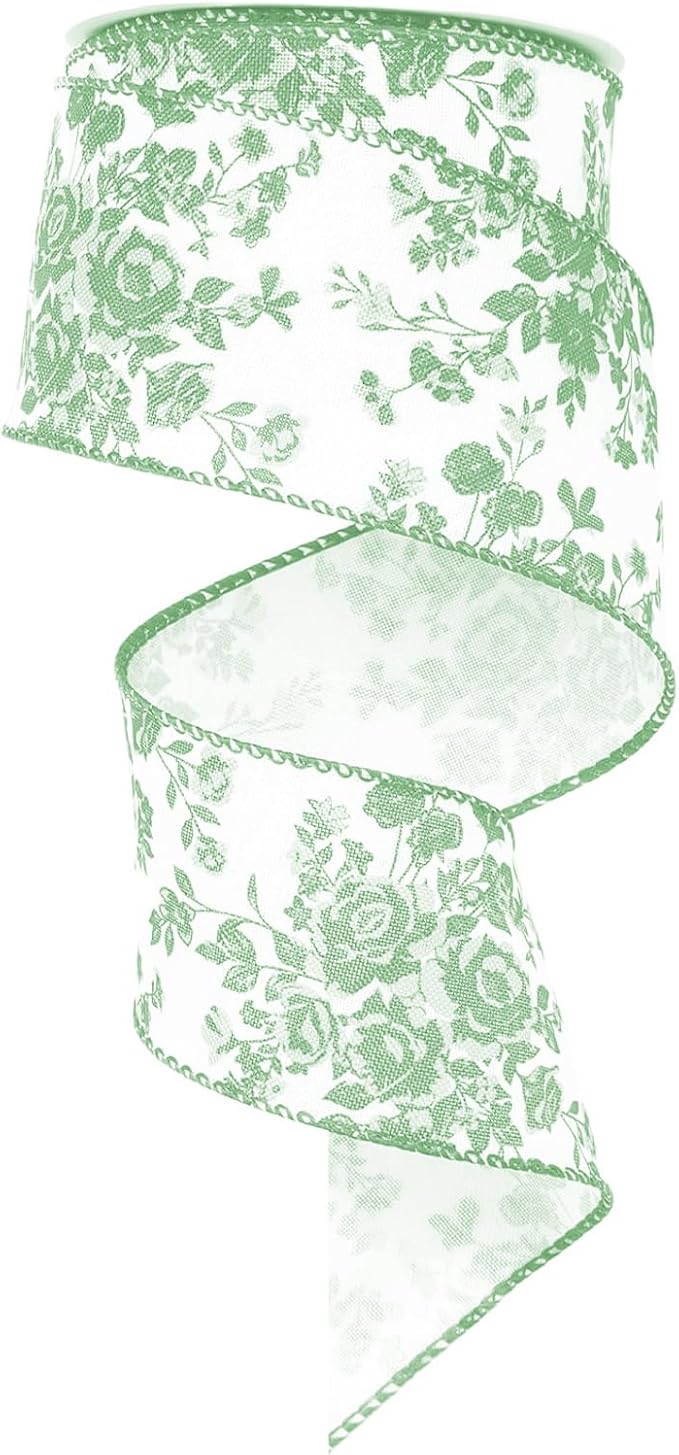 Green Floral Wired Edge Ribbon 2.5 Inch Vintage Chinoiserie Flower Fabric Wrapping Ribbon for DIY Crafts Wreath Bow Making Supplies, 12 Yard